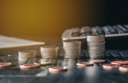 Coins stacked on each other on the table. Business and finance concept.の写真素材