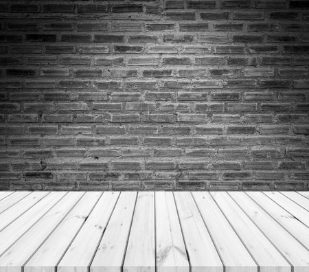Wood floor and brick wall background. Perspective wood floor and brick wall background.の写真素材