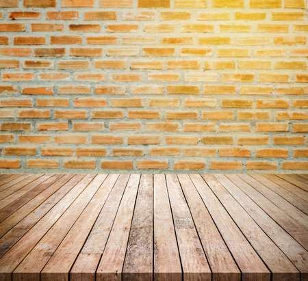 Wooden floor and brick wall background. For montage product displayの写真素材