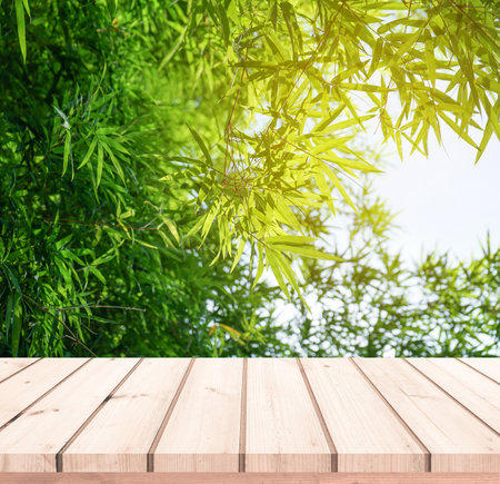 Wood table top on blur green bamboo tree background - can be used for display or montage your productsの写真素材