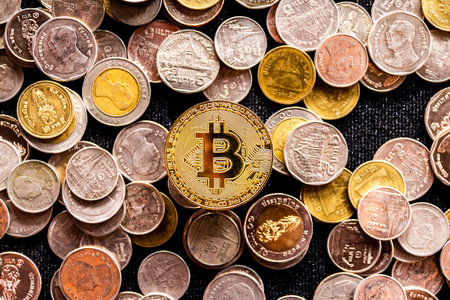 Golden bitcoin on black background. Cryptocurrency and financial concept.の写真素材