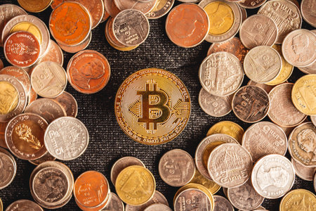 Bitcoin coins on a dark background. Cryptocurrency and financial concept.の写真素材