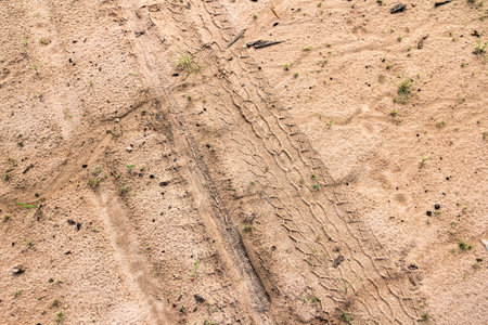Wheel tracks on the soil. tire tracks on the soil. Car tracks on the soil.の写真素材