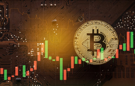 golden bitcoin on a circuit board background, close-up, cryptocurrency conceptの写真素材