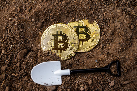 Bitcoin gold coin with shovel on soil background. Bitcoin cryptocurrency concept.の写真素材