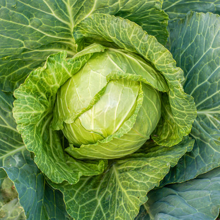 Green head of cabbage in the field, top view. Organic food backgroundの写真素材