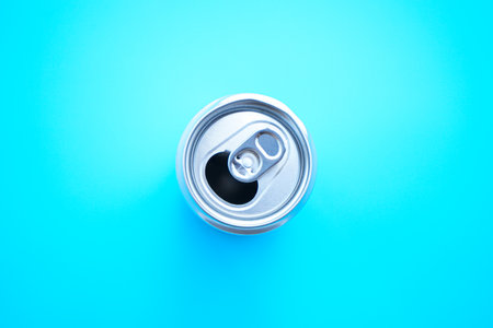 Top view of aluminum can isolated on blue background with copy space.の写真素材