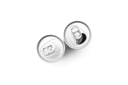 Aluminum cans isolated on white background. Top view. Flat lay.の写真素材
