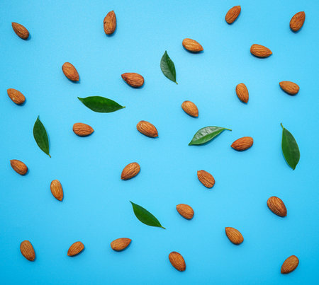 Almond nuts with green leaves on blue background. Flat lay, top viewの写真素材