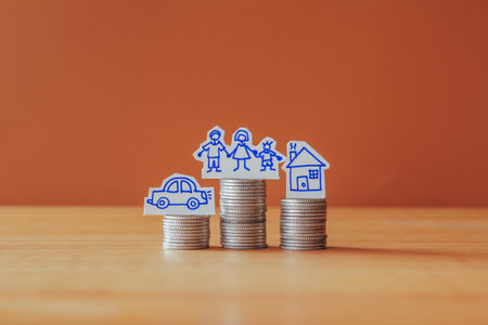Miniature people: family, car, house and coins on wooden table with copy spaceの写真素材