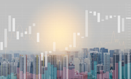 Double exposure of Stock market or forex trading graph and cityscape background, Business financial and stock market concept idea.の写真素材