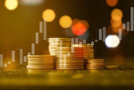 Stacks of coins with abstract bokeh light background, business and financial conceptの写真素材