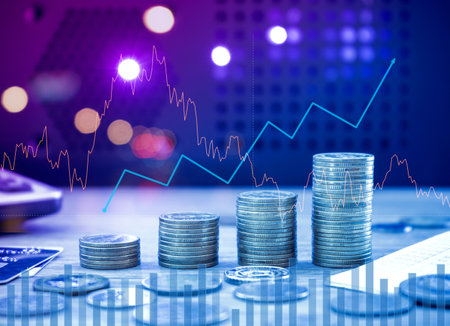 Investment concept, Coins graph stock market with bokeh background.の写真素材