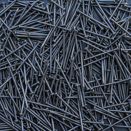 Pile of black nails on black background. Top view. Flat lay.の写真素材