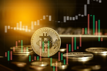 Golden bitcoin on the background of the stock market. Trading concept.の写真素材