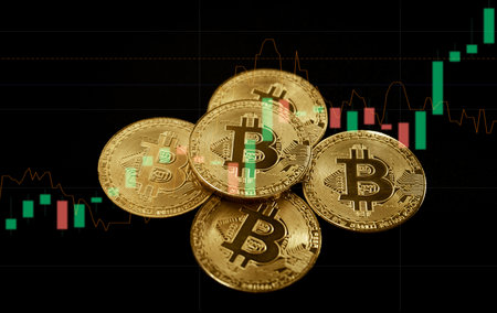 Bitcoin coins on the background of the financial chart. Bitcoin cryptocurrency.の写真素材