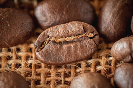 Coffee beans on a burlap background. Close up.の写真素材