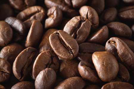 Coffee beans background. Close up of roasted coffee beans.の写真素材