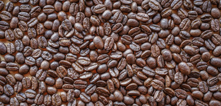 Roasted coffee beans on wooden background. Close up. Top view.の写真素材