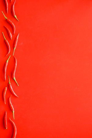 Red hot chili peppers on red background. Flat lay, top viewの写真素材