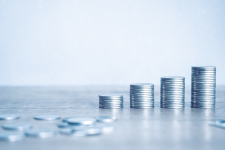 Stacks of coins for finance and banking concept with copy space.の写真素材