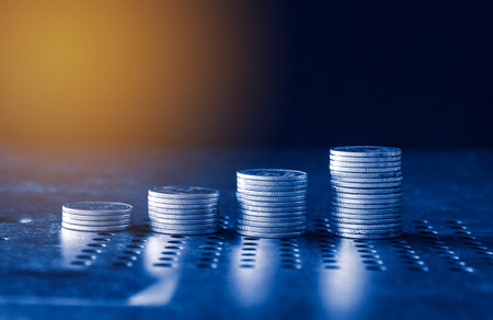 Stacks of coins on a dark background. Business and finance concept.の写真素材