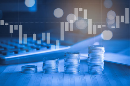 Stock market or forex trading graph and candlestick chart suitable for financial investment concept. Economy trends background for business ideaの写真素材
