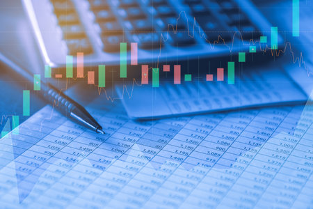 Stock market or forex trading graph and candlestick chart suitable for financial investment concept. Economy trends background for business ideaの写真素材