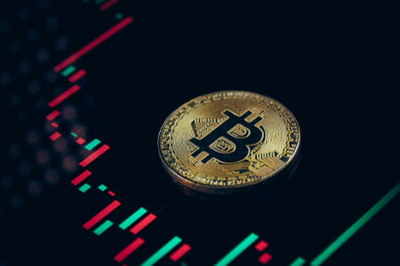 Bitcoin coin on the background of the exchange chart. Cryptocurrency concept.の写真素材