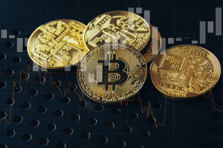 Bitcoin cryptocurrency coin on financial chart background. Cryptocurrency concept.の写真素材