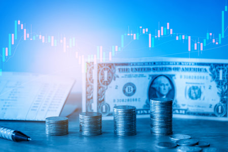 Investment concept, Coins graph stock market with candle stick graph background.の写真素材