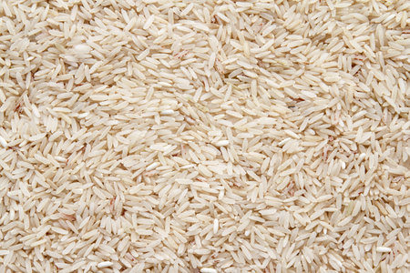 Rice background. Close up of uncooked long grain brown riceの写真素材