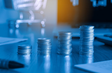 Stacks of coins on the desk, business and finance concept.の写真素材