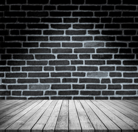 Empty wood floor and brick wall background, product display montage.の写真素材