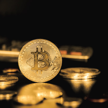 Golden bitcoin on black background. Cryptocurrency and finance concept.の写真素材