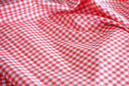 Red and white checkered tablecloth as background, closeupの写真素材