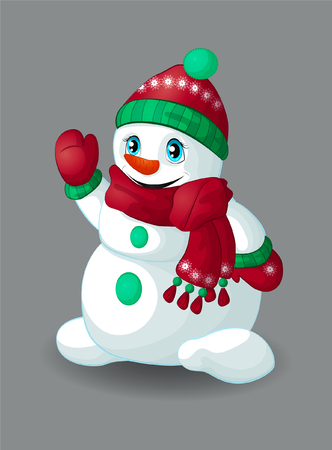 Friendly snowman in a hat, mittens, scarf and carrot nose.のイラスト素材