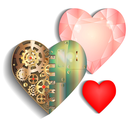 Three symbols of the heart: in the form of mechanical, precious stone and fabric.のイラスト素材