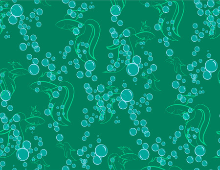Seamless pattern on green background. Silhouettes of aquarium fish and water bubbles.のイラスト素材