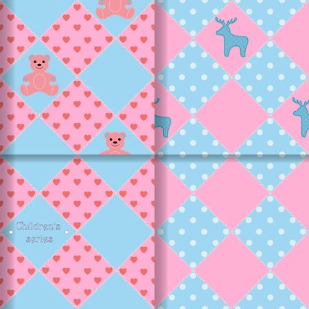 A set of four seamless patterns. Pink and blue diamonds with dots and hearts; bears and deer.のイラスト素材