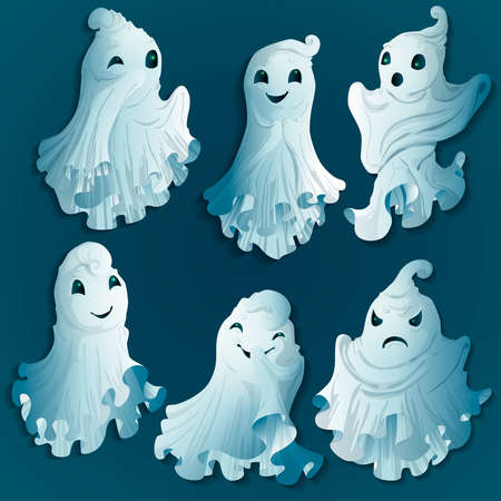 A set of isolated drawings on a gray background. Halloween ghosts. Vector.のイラスト素材