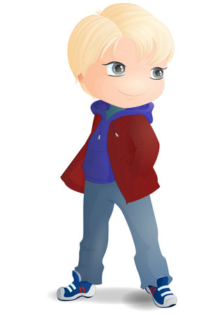 A blond boy in a blue hoodie and red jacketのイラスト素材