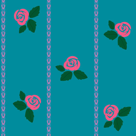 Seamless pattern. Pink roses with leaves on a blue background and stripes of two-tone chains.のイラスト素材