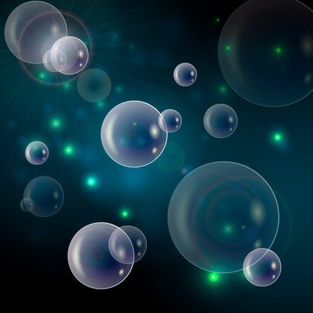 Abstract background. Soap bubbles and lights on a black and green background.のイラスト素材
