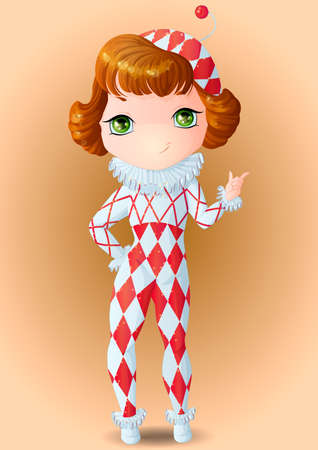 Chibi girl in red and white clown costume with puffy collar and cuffsのイラスト素材