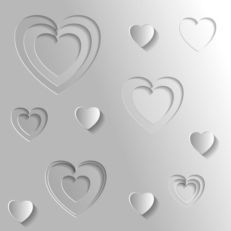 Slotted and voluminous white hearts on a white background. abstract screensaver.のイラスト素材