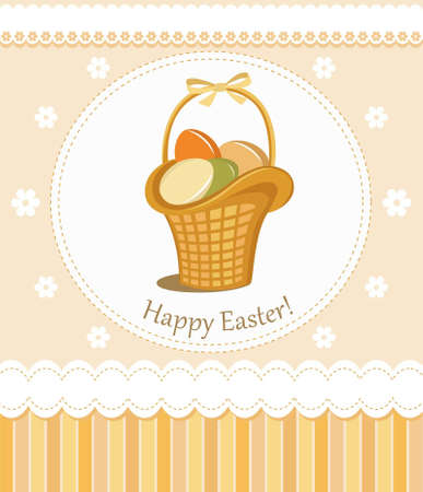 Happy Easter greeting card with retro basket, colored eggs and ribbonのイラスト素材