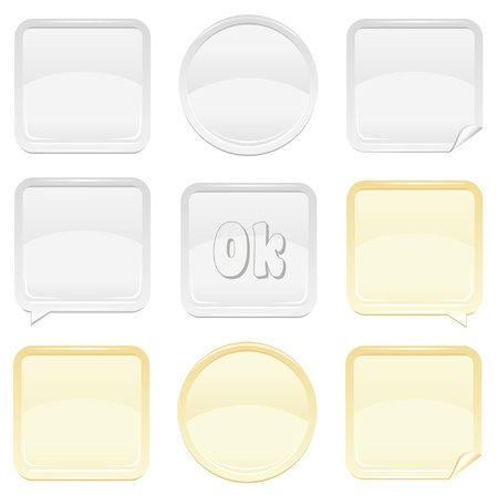Gold and silver glossy button set with speech bubble, round button and stickerのイラスト素材