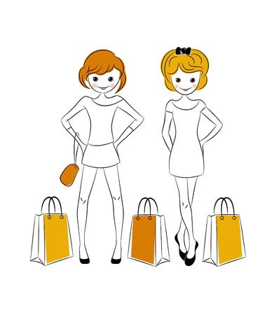 Shopping girls with sale bagsのイラスト素材