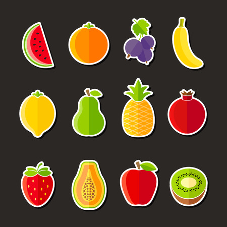 Organic fresh fruits and berries icons flat design on black backgroundのイラスト素材